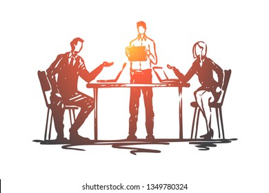 Discussion, meeting, business, people, office concept. Hand drawn business meeting in office concept sketch. Isolated vector illustration.