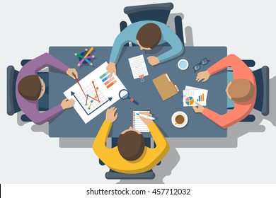 Discussion at meeting. Teamwork analyzing, planning, analyzing project, strategy, brainstorming, research, development, financial management, marketing research. Concept business. Vector flat design.