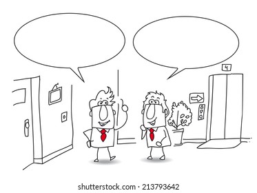discussion at the office. Two businessmen are talking together at the office. Write your message in the copy space