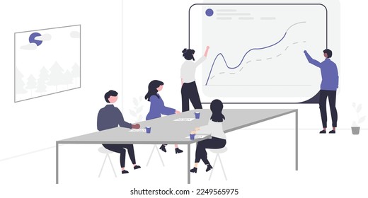 Debate sobre la mesa de trabajo, Trabajar en la oficina, espacio de trabajo, ilustración conceptual, Jóvenes, hombres y mujeres а n. Ilustración vectorial de estilo plano en color violeta.