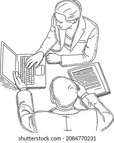 Discussion on the presentation - sketchy hand-drawn vector illustration. 