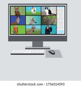 discussion online conference computer screen with internet chat of animals like ape sloth giraffe cat cock parrot horse deer fox keyboard mouse