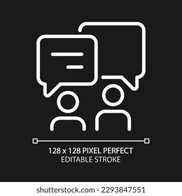 Discussion in pairs pixel perfect white linear icon for dark theme. People with chat bubbles. Communication between friends. Thin line illustration. Isolated symbol for night mode. Editable stroke
