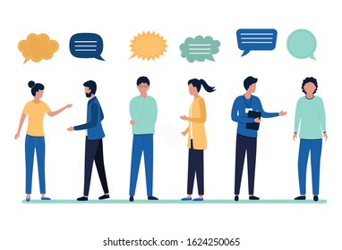Discussion people, speech bubble. A group of friends, students, employees talking, gesturing. Communication of young men and women. Flat vector illustration isolated on white background.