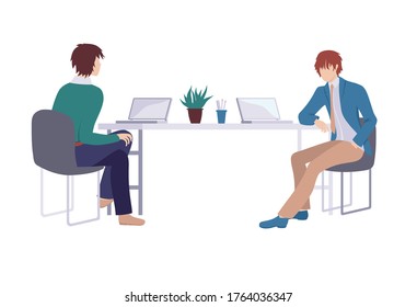Discusión de los antecedentes de los proyectos. Página de sitio del deslizador de ilustración moderna. El concepto de un empleado que trabaja en conjunto en un proyecto. Banner web del trabajo conjunto sobre el proyecto.  Imagen de diseño de vectores.