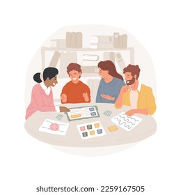 Discussion and questions isolated cartoon vector illustration. Parents and teacher ask questions, child leading discussion, student sitting in the middle, socialization skills vector cartoon.