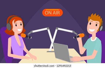 Discussion in radio studio on air concept banner. Flat illustration of discussion in radio studio on air vector concept banner for web design