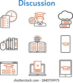 discussion set. included cloud library, student-smartphone, books, test, student, learn, student-tablet, learning, login icons. bicolor styles.