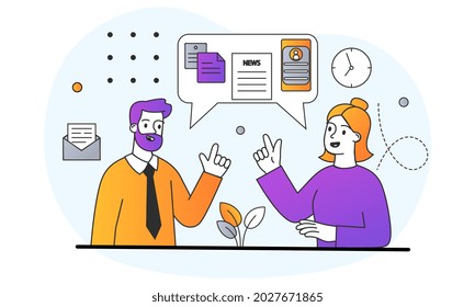 Discussion of social networks concept. Man and woman tell news on Internet and conduct dialogue. Blogging and content creation. Cartoon doodle flat vector illustration isolated on white background