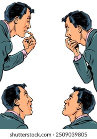 Discussion of a solution to the problem within the company. Conversation within one another. Identical men talking to each other. Pop Art Retro Vector Illustration Kitsch Vintage 50s 60s Style