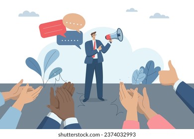 Discussion, Speaking at meeting, Productive conversation or discussion in the workplace, Colleagues applaud in appreciation for wonderful speech. Businessman uses megaphone to speak. Vector design.