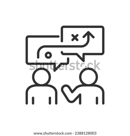 Discussion of strategy, linear icon. People discuss the strategic path to the goal. Strategy. People and speech bubbles. Line with editable stroke