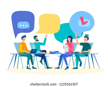 Discussion at the table, communication in the office, teamwork, brainstorming. Vector illustration.
