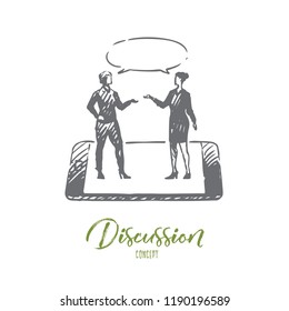 Discussion, talk, conversation, dialog, person concept. Hand drawn two women have conversation concept sketch. Isolated vector illustration.