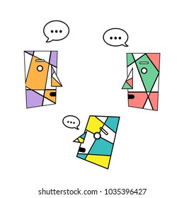 Discussion in three persons abstract mosaic vector illustration. Colourful faces, diversity of opinions