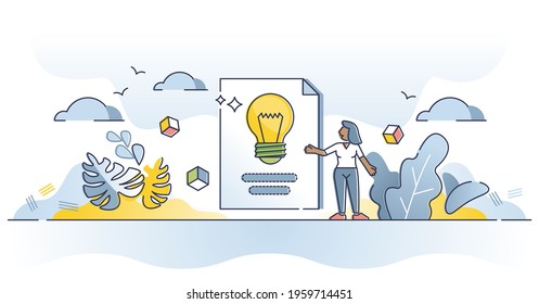 Discussion topic and bright idea presentation or description outline concept. Business startup meeting speech and representation with flipchart sheets and information explanation vector illustration.