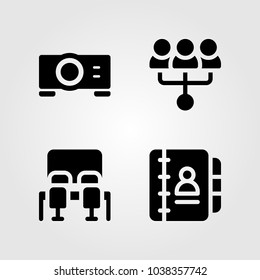 Discussion vector icon set. meeting room, meeting, agenda and projector