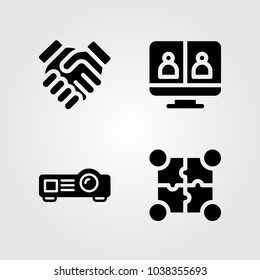 Discussion vector icon set. projector, partnership, puzzle and video conference