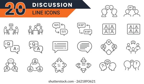 Ícones de linha de vetor de discussão para comunicação, reuniões de equipe, diálogos, conversas on-line e colaboração em grupo em contextos empresariais ou educacionais