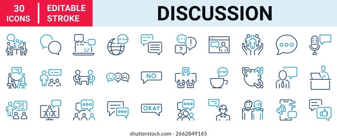 Ícones de linha da Web de discussão. diálogo, bate-papo, comunicação. Ilustração vetorial.