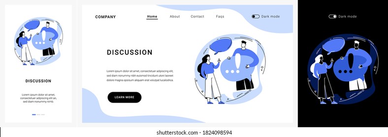 Discussion website UI kit. Customer discussion, share opinion, brainstorming, ask a question, start conversation, business website, menu bar element, UI landing and mobile app vector UI template.