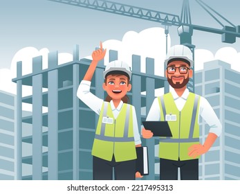 Discussion of work by a civil engineer with an architect at a construction site against the backdrop of a tower crane and a high rise building under construction