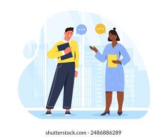 Discussion of work issues. Man and woman discussing business project and tasks. Colleagues and partners brainstorming. Conversation and communication. Flat vector illustration