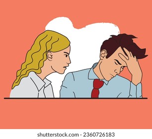 Discussion in the workplace, couple arguing. Vector illustration