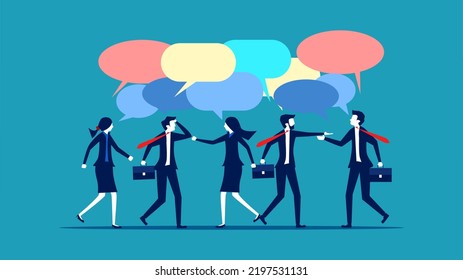 Discussions and brainstorming. Colleagues on a business team discussing work with speech bubbles 