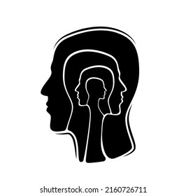 Disease ailment, psychology head mind and mental health vector concept . Psychologist therapy of brain and bipolar disorder, human face profile silhouette for psychiatry anxiety and mood balance