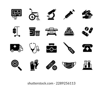 Juego de iconos negros de la enfermedad. Colección de elementos gráficos para el sitio web. Microscopio, jeringa, cardiograma y silla de ruedas, kit de primeros auxilios. Ilustraciones de caricaturas de vectores planos aisladas en fondo blanco