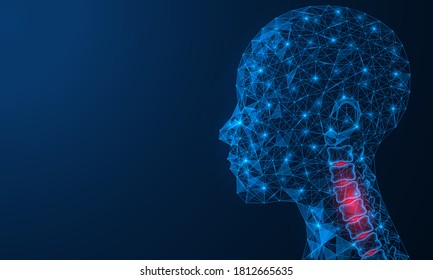 Disease of the cervical spine. Medical concept with a pain in the neck. Polygonal human head. Construction of lines and dots. Blue background.