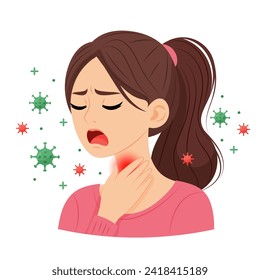 Disease. Cold. Virus. Sick girl holding her sore throat on a white background in flat style.