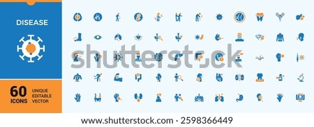 Disease colorful icon pack. Featuring treatment, health care, sick, allergy, medicine, pain and more. Icons for design. Sick vector icon set. Vector illustration.