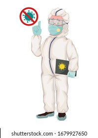 Expertos en control de enfermedades en el uso de trabajo de protección. Covid-19, coronavirus 2019-nCoV. Ilustración del vector sobre fondo blanco