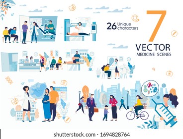 Disease Diagnostics, Modern Clinic Medical Services, Virus and Epidemic Threats, Childbirth Wait Trendy Flat Vector Scenes, Concepts Set. Hospital Doctors and Patients on Appointment Illustrations
