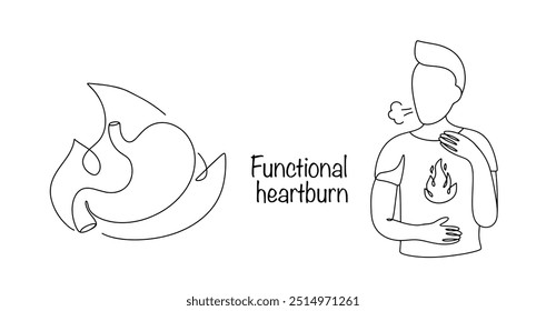 Uma doença do esôfago associada a dor e sensações de queimação. Um homem experimenta azia e arrotos. Ilustração médica para diferentes usos. Vetor preto e branco.