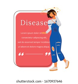 Disease flat color vector character quote. Woman suffering dizziness. Vertigo from sickness. Head ache. Citation blank frame template. Speech bubble. Quotation empty text box design