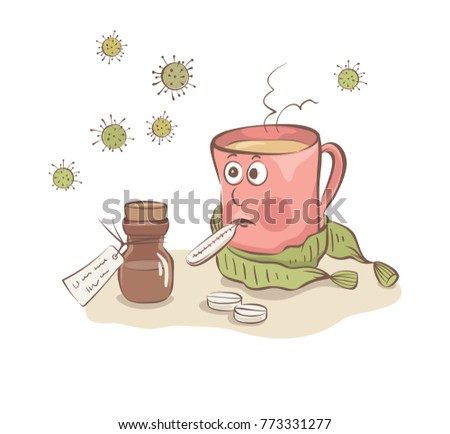 Disease / Funny mug in a scarf with a thermometer, vector illustration.
