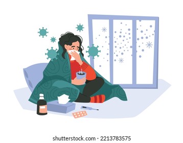 Disease. The girl has a cold, sits wrapped in a blanket, with a handkerchief and a mug of tea. Vector image.