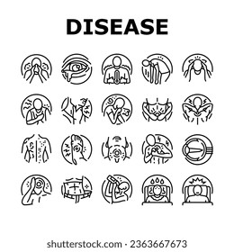 iconos de corazón de estado de enfermedad conjunto vector. dolor en la tos, virus de la fiebre, fallo de la gripe, accidente cerebrovascular, ataque de la salud, enfermedad de la temperatura, infarto de contorno de corazón negro