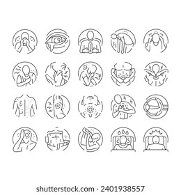 disease health heart icons set vector. cough pain, fever virus, flu failure, medical stroke, healthcare attack, temperature disease health heart black contour illustrations