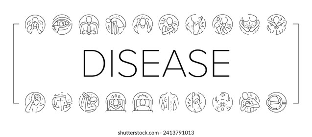 disease health heart icons set vector. cough pain, fever virus, flu failure, medical stroke, healthcare attack, temperature disease health heart black line illustrations