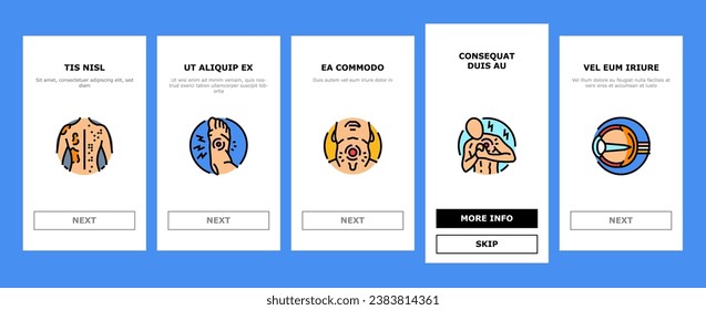 disease health heart onboarding mobile vector. cough pain, fever virus, flu failure, medical stroke, healthcare attack, temperature disease health heart Illustrations