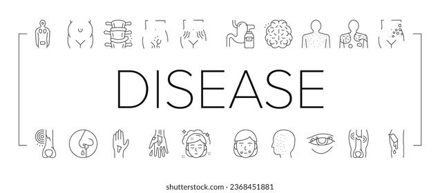 Disease Health Problem Collection Icons Set Vector. Open And Closed Limb Fracture, Nose And Arterial Bleeding, Herpes And Acne Disease Black Contour Illustrations