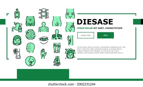 Disease Health Problem Landing Header Vector. Open And Closed Limb Fracture, Nose And Arterial Bleeding, Herpes And Acne Disease Illustration