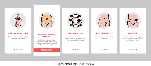 Disease Health Problem Onboarding Mobile App Page Screen Vector. Open And Closed Limb Fracture, Nose And Arterial Bleeding, Herpes And Acne Disease Illustrations