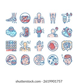 Disease Human Problem Collection doodle icons set vector. Epithelial Tissue Toxoplasmosis, Ear Surgery Cellulite, Skin Itch Lymphoma Disease