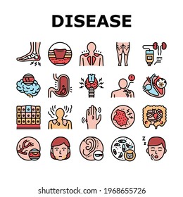 Disease Human Problem Collection Icons Set Vector. Epithelial Tissue And Toxoplasmosis, Ear Surgery And Cellulite, Skin Itch And Lymphoma Disease Concept Linear Pictograms. Contour Illustrations