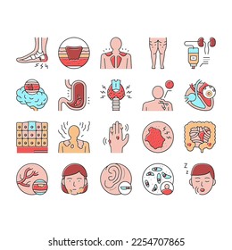 Disease Human Problem Collection Icons Set Vector. Epithelial Tissue And Toxoplasmosis, Ear Surgery And Cellulite, Skin Itch And Lymphoma Disease Concept Linear Pictograms. Contour Illustrations